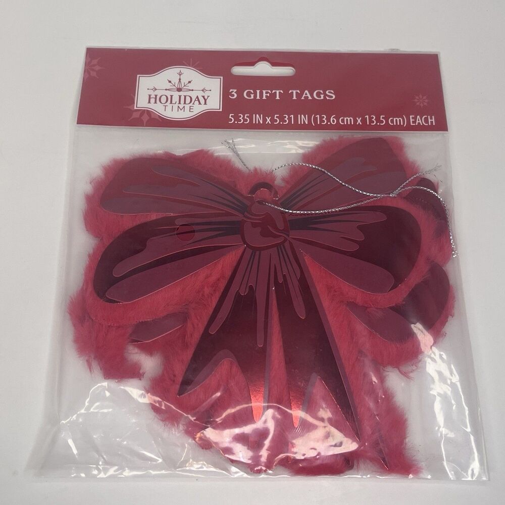 Holiday Time Faux Fur Christmas Bow Gift Tags, Red, 3 Count -NEW
